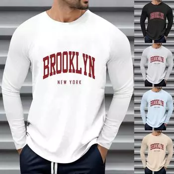 Мужские свободные осенне-зимние топы с круглым вырезом и длинными рукавами, модная футболка с узором, креативные повседневные топы с буквенным принтом в стиле ретро, уличные виды спорта L чёрный