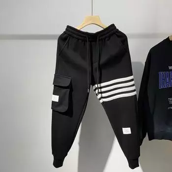 Мужские свободные осенние спортивные штаны с четырьмя планками: Молодежная, эластичная талия, стильная и повседневная спортивная одежда L чёрный