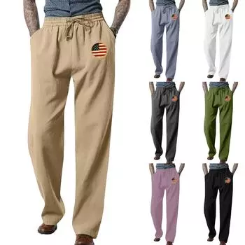 Мужские свободные повседневные брюки из хлопка и льна, эластичные завязки, прямые брюки с принтом M бежевый