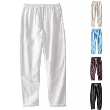 Мужские свободные повседневные брюки прямого кроя из эластичного льна L чёрный