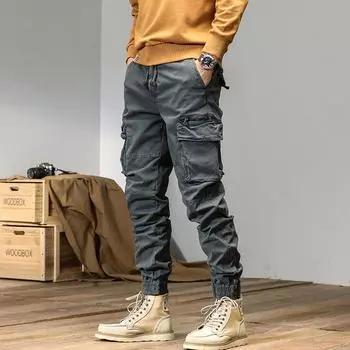 Мужские свободные повседневные комбинезоны большого размера: Плотные, узкие брюки на завязках для осени и зимы. Модный американский стиль. 31 серый