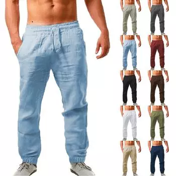 Мужские свободные повседневные однотонные брюки из хлопка и льна, эластичные леггинсы со шнуровкой L армия зеленый