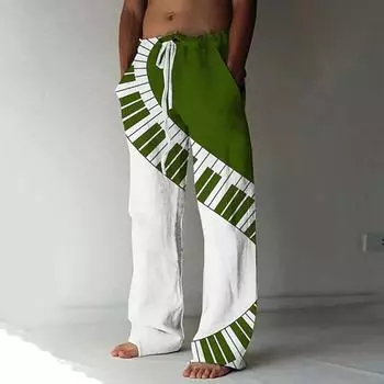 Мужские свободные повседневные однотонные брюки с эластичным галстуком, прямые брюки с принтом клавиш фортепиано M чёрный