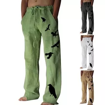 Мужские свободные повседневные однотонные хлопковые льняные брюки с эластичным галстуком и принтом, прямые брюки S