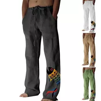 Мужские свободные повседневные однотонные хлопковые льняные брюки с эластичным галстуком и принтом, прямые брюки XL хаки