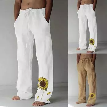 Мужские свободные повседневные однотонные хлопковые льняные брюки с эластичным галстуком и принтом, прямые брюки XXXL верблюд