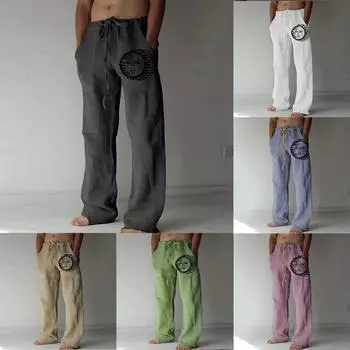 Мужские свободные повседневные однотонные хлопковые льняные брюки с эластичным галстуком и принтом, прямые брюки S синий