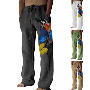 Мужские свободные повседневные однотонные хлопковые льняные брюки с эластичным галстуком и принтом, прямые брюки M зелёный