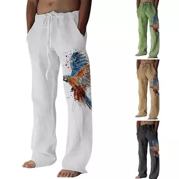 Мужские свободные повседневные однотонные хлопковые льняные брюки с эластичным галстуком и принтом, прямые брюки M