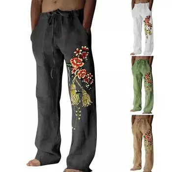 Мужские свободные повседневные однотонные хлопковые льняные брюки с эластичным галстуком и принтом, прямые брюки XXXL белый