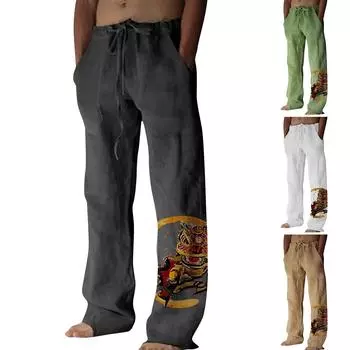 Мужские свободные повседневные однотонные хлопковые льняные брюки с эластичным галстуком и принтом, прямые брюки XXXL