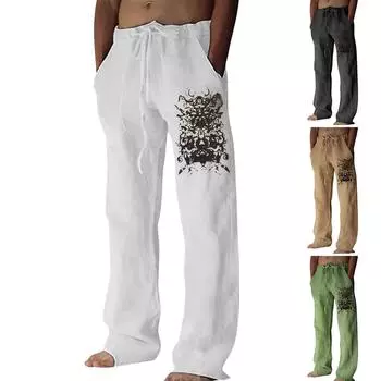 Мужские свободные повседневные однотонные хлопковые льняные брюки с эластичным галстуком и принтом, прямые брюки S хаки