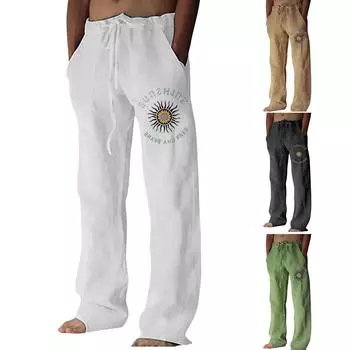 Мужские свободные повседневные однотонные хлопковые льняные брюки с эластичным галстуком и принтом, прямые брюки XL