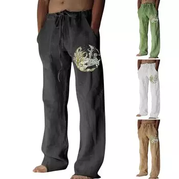 Мужские свободные повседневные однотонные хлопковые льняные брюки с эластичным галстуком и принтом, прямые брюки M белый