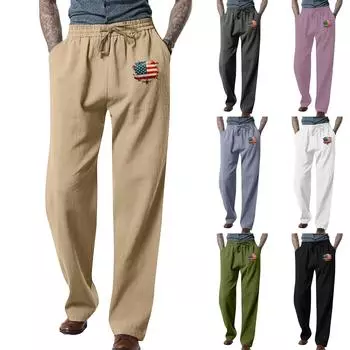 Мужские свободные повседневные однотонные хлопковые льняные брюки с эластичным галстуком и принтом, прямые брюки M