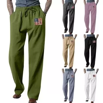 Мужские свободные повседневные однотонные хлопковые льняные брюки с эластичным галстуком и принтом, прямые брюки S зелёный