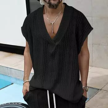 Мужские свободные повседневные топы без рукавов с v-образным вырезом Мужские вязаные жилеты без рукавов L чёрный