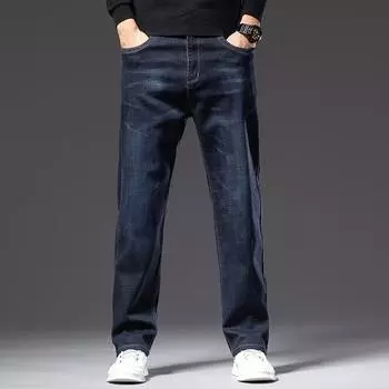 Мужские свободные прямые широкие брюки, мужские эластичные джинсы, молодежные брюки больших размеров 28 темно-синий