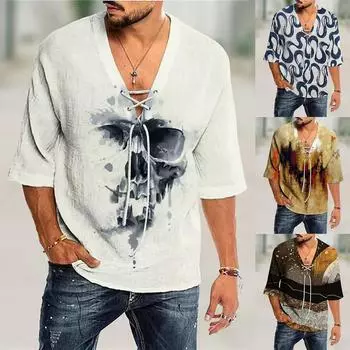 Мужские свободные рубашки из хлопка и льна с коротким рукавом и V-образным вырезом с принтом L синий