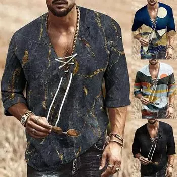 Мужские свободные рубашки из хлопка и льна с коротким рукавом и V-образным вырезом с принтом XXL синий