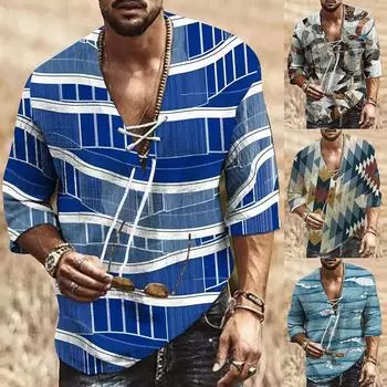 Мужские свободные рубашки из хлопка и льна с коротким рукавом и V-образным вырезом с принтом XXXL синий