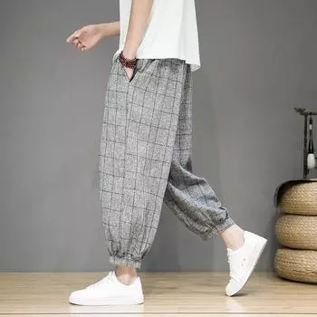 Мужские свободные шаровары в стиле Харадзюку, 2024, мужские летние брюки с решетчатой отделкой, пляжные джоггеры, брюки через плечо, мужские винтажные брюки в китайском стиле 4XL серый