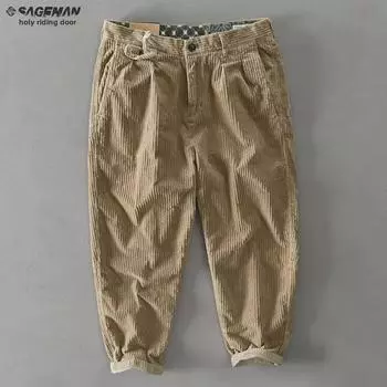 Мужские свободные вельветовые брюки широкого кроя - стираные, слегка эластичные, в стиле ретро для осени и зимы 38 (180-190 jin) темные хаки