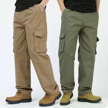 Мужские свободные весенние хлопковые повседневные мешковатые брюки-карго, прямые брюки для мужчин, спортивные брюки с карманами и эластичным поясом L чёрный