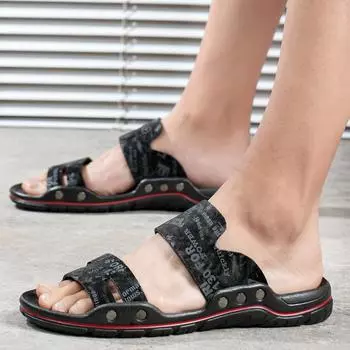 Мужские тапочки без застежек, кожаные летние пляжные сандалии, удобная повседневная обувь, модная мужская обувь, лидер продаж, большой размер 38-48, мягкая подошва 38 чёрный
