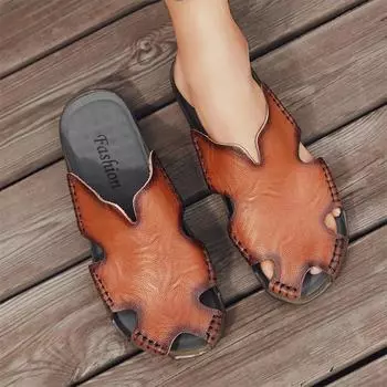 Мужские тапочки, летние тапочки ручной работы Baotou, мужские римские сандалии из натуральной кожи без каблука, ленивые мюли на плоской подошве 42 чёрный