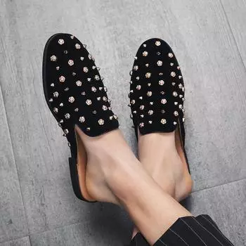 Мужские сандалии Тапочки Мюли Лоферы Черные заклепки Сабо Летние туфли Повседневные туфли с открытой спиной Полуоблегающие туфли для вечеринок 38 чёрный