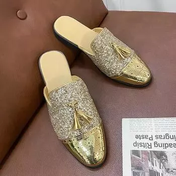 Мужские тапочки Murray Shoes Half Headed PU Spliced Tassel Decoration Block Carved Casual Slippers Fashion Classic Men Slippers 38 чёрный