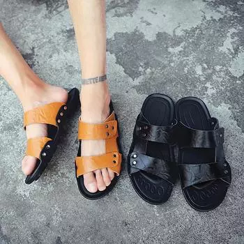 Мужские тапочки на плоской подошве, очень широкие шлепанцы, уличные пляжные повседневные мягкие кожаные сандалии с открытым носком, большой размер 38 чёрный