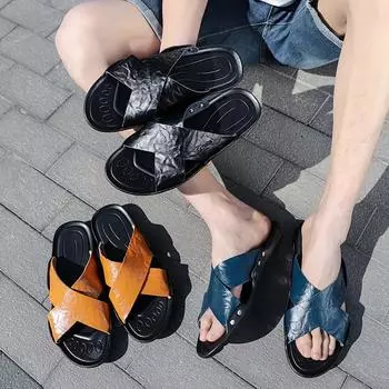 Мужские тапочки на плоской подошве, очень широкие шлепанцы, уличные пляжные повседневные мягкие кожаные сандалии с открытым носком, большой размер 38 чёрный