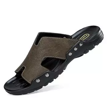Мужские тапочки на плоской подошве, очень широкие сандалии, уличные пляжные повседневные кожаные сандалии с открытым носком, мягкие прогулочные сандалии 50 чёрный