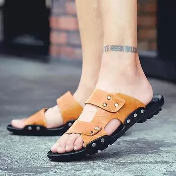 Мужские тапочки на плоской подошве, очень широкие шлепанцы, пляжные с открытым носком, повседневные сандалии, большой размер 38 чёрный