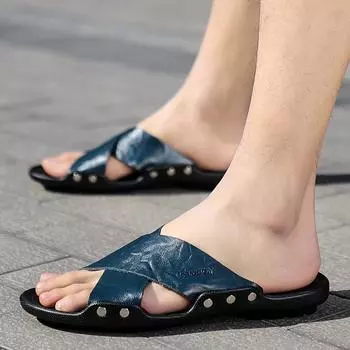 Мужские тапочки на плоской подошве, очень широкие шлепанцы, пляжные, с открытым носком, повседневные, мягкие, для ходьбы, сандалии большого размера 38 чёрный