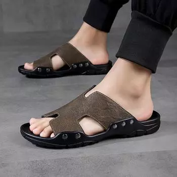 Мужские тапочки на плоской подошве, очень широкие сандалии, уличные пляжные повседневные кожаные сандалии с открытым носком, мягкие прогулочные сандалии 38 чёрный