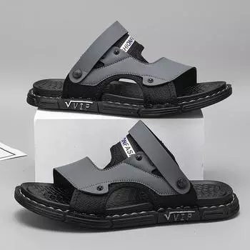 Мужские тапочки, новые летние сандалии, мужские сандалии из искусственной кожи, пляжная обувь для взрослых на толстой подошве, мужские нескользящие повседневные сандалии с открытым носком 44 хаки