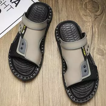 Мужские тапочки Новые летние сандалии Мужские сандалии из искусственной кожи для взрослых Пляжная обувь на толстой подошве Мужские нескользящие повседневные сандалии с открытым носком Уличные мужские римские сандалии 38 хаки