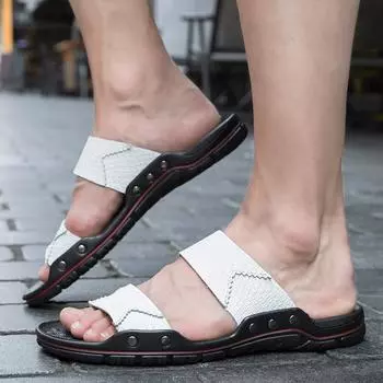 Мужские тапочки Очень широкие сандалии на плоской подошве, уличные пляжные с открытым носком, повседневные мягкие прогулочные белые кожаные сандалии на плоской подошве, большие размеры 38 белый