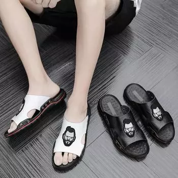 Мужские тапочки Очень широкие сандалии на плоской подошве, уличные пляжные с открытым носком, повседневные мягкие прогулочные белые кожаные сандалии на плоской подошве, большие размеры 38 чёрный