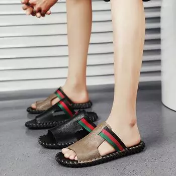 Мужские тапочки, очень широкие сандалии-слайды, для отдыха на пляже, повседневные, мягкие, для ходьбы, черные кожаные сандалии на плоской подошве, большие размеры 38 чёрный