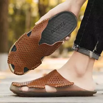 Мужские тапочки, очень широкие шлепанцы, уличные пляжные повседневные мягкие прогулочные белые кожаные сандалии на плоской подошве, большие размеры 38 чёрный