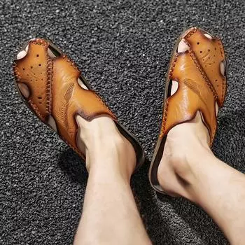 Мужские тапочки, очень широкие сандалии-слайды, для отдыха на пляже, повседневные мягкие кожаные сандалии на плоской подошве, большие размеры 38 чёрный