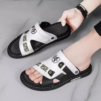 Мужские тапочки, пляжные сандалии из натуральной кожи для летнего отдыха, мужская корейская версия, персонализированные сандалии для внешнего ношения, 38