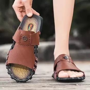 Мужские тапочки, походные сандалии, кожаные, для активного отдыха, летние, серые, черные, широкие, пальмовые, синие, пляжные туфли, большие размеры, открытый носок, большие размеры EU:39 чёрный