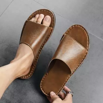 Мужские тапочки, повседневные простые кожаные сандалии, летние высококачественные удобные нескользящие сандалии-мюли для мужчин 39 коричневый