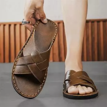 Мужские тапочки ручной работы, простые сандалии на плоской подошве, летние коричневые римские сандалии, пляжная обувь с открытым носком, большие размеры EU:45 чёрный