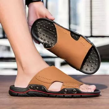 Мужские тапочки с широким носком, летние повседневные сандалии для папы с открытым носком, черные, коричневые, желтые, пляжные туфли, большие размеры EU:45 чёрный